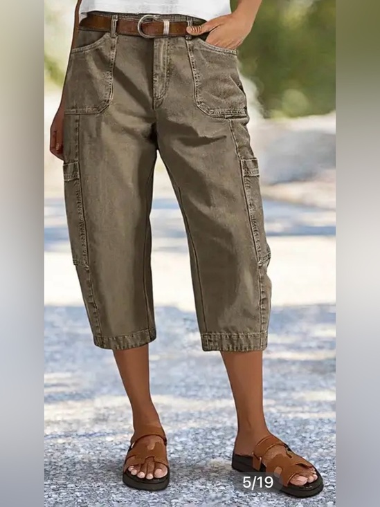Flamingals Pants - Flamingals Patch Pocket Seam Front Mid Rise Barrel Leg Capri Pants